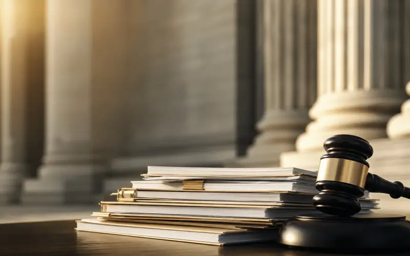 EB-1A final merits determination denial concept β courthouse columns with legal documents.